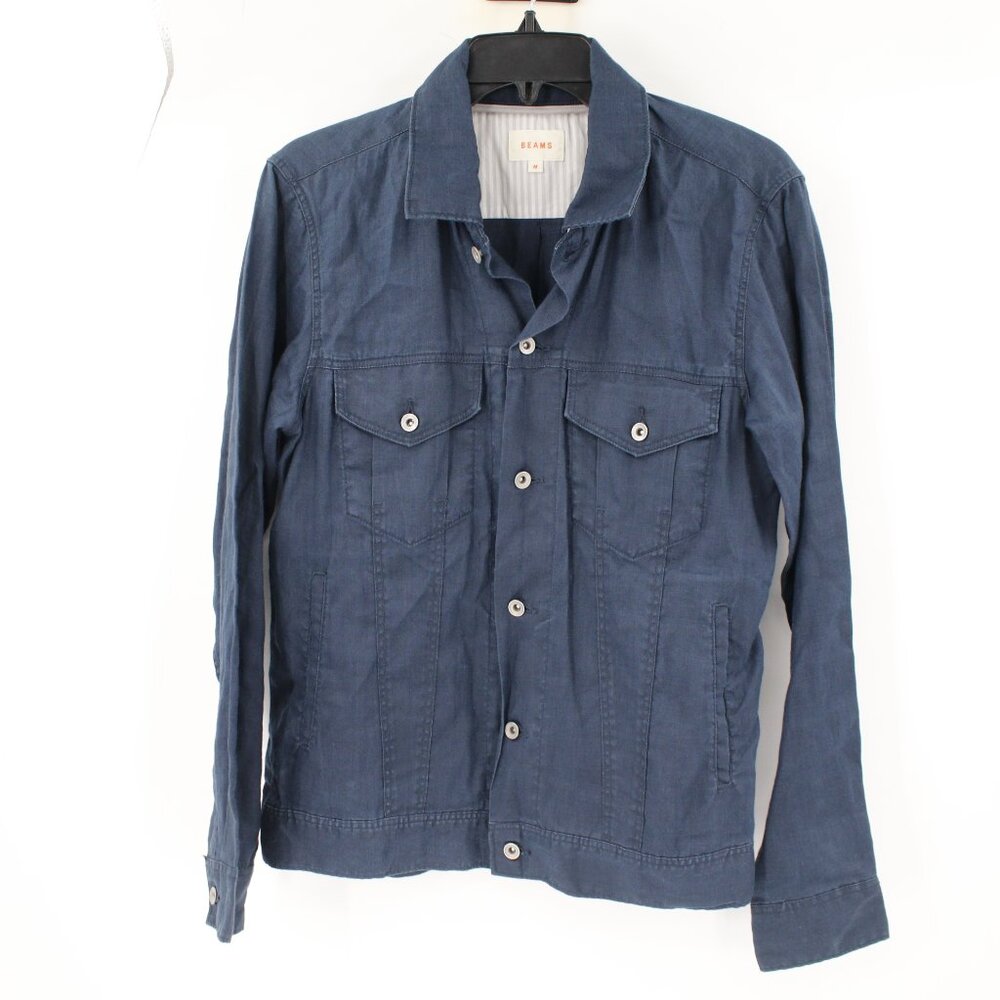 beams workshirt jacket mens Medium linen flax button up pockets indigo blue